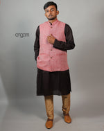 Load image into Gallery viewer, Kolika Linen Nehru Jacket in Classic Textured Red
