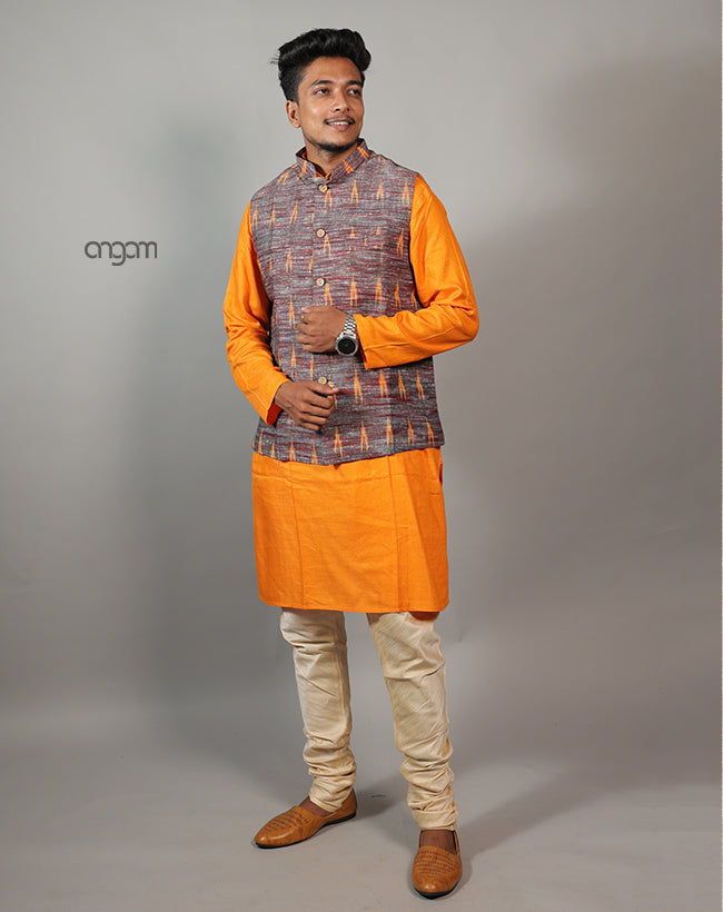 Elegant Brown Ikat Nehru Jacket for Men – Festive Wear