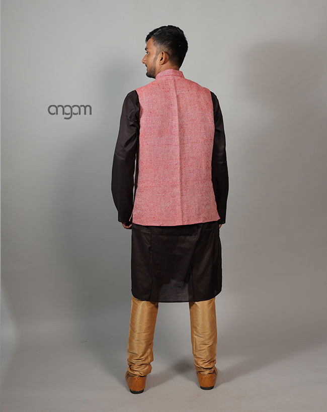 Kolika Linen Nehru Jacket in Classic Textured Red