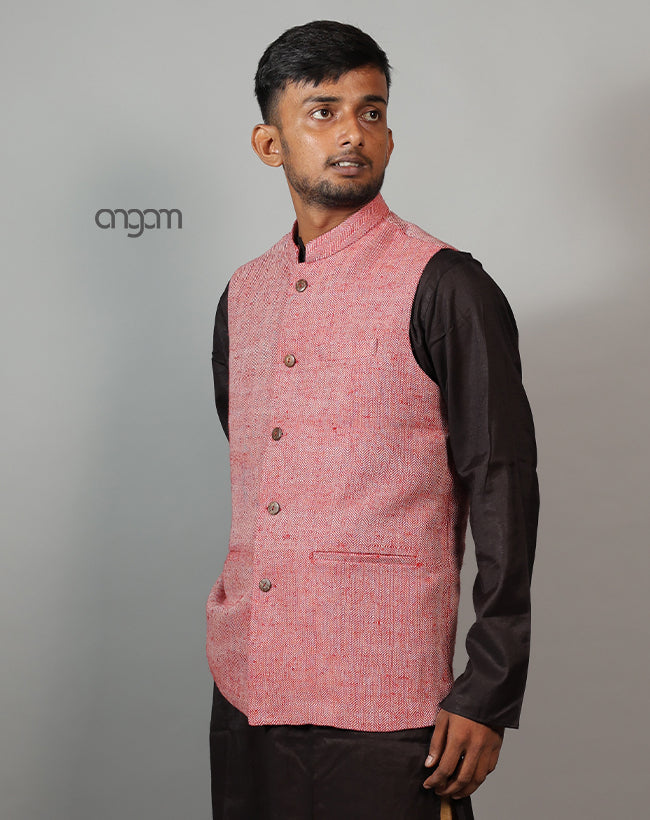 Kolika Linen Nehru Jacket in Classic Textured Red