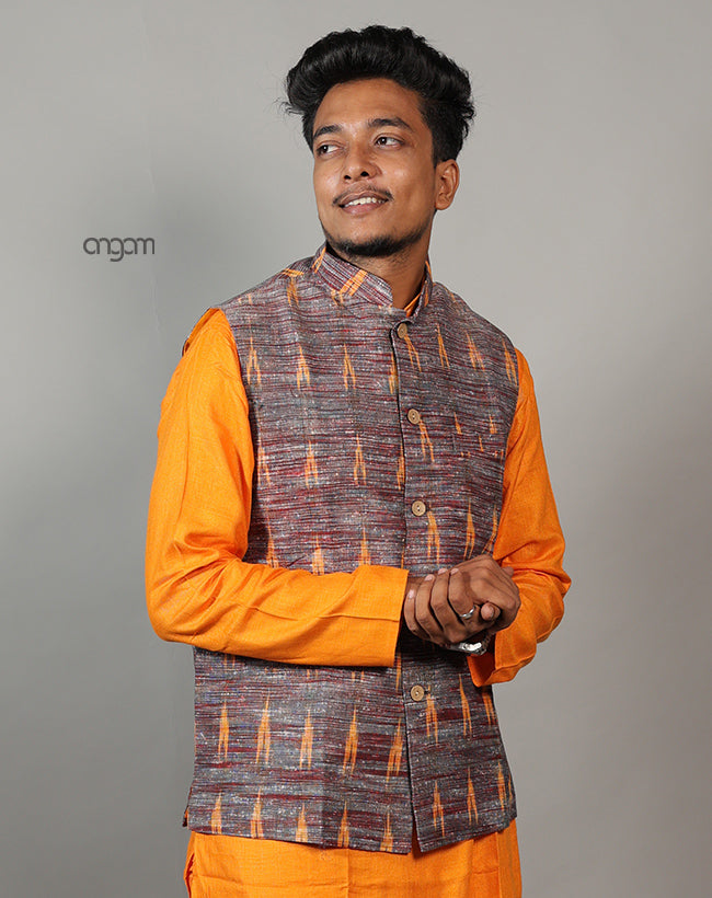 Elegant Brown Ikat Nehru Jacket for Men – Festive Wear