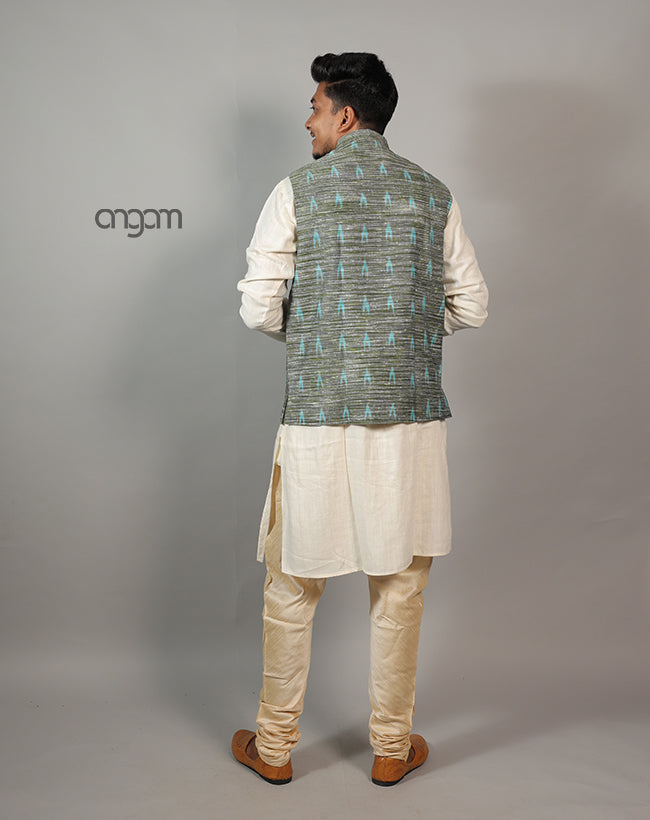 Stylish Green Ikat Nehru Jacket for Men – Traditional Wear