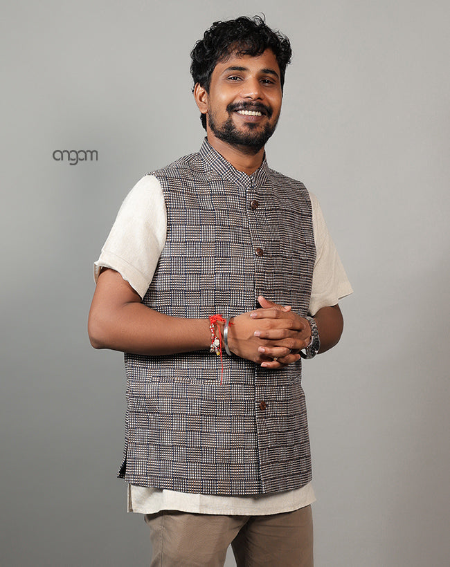 Kolika Linen Nehru Jacket in Classic Checkered Design