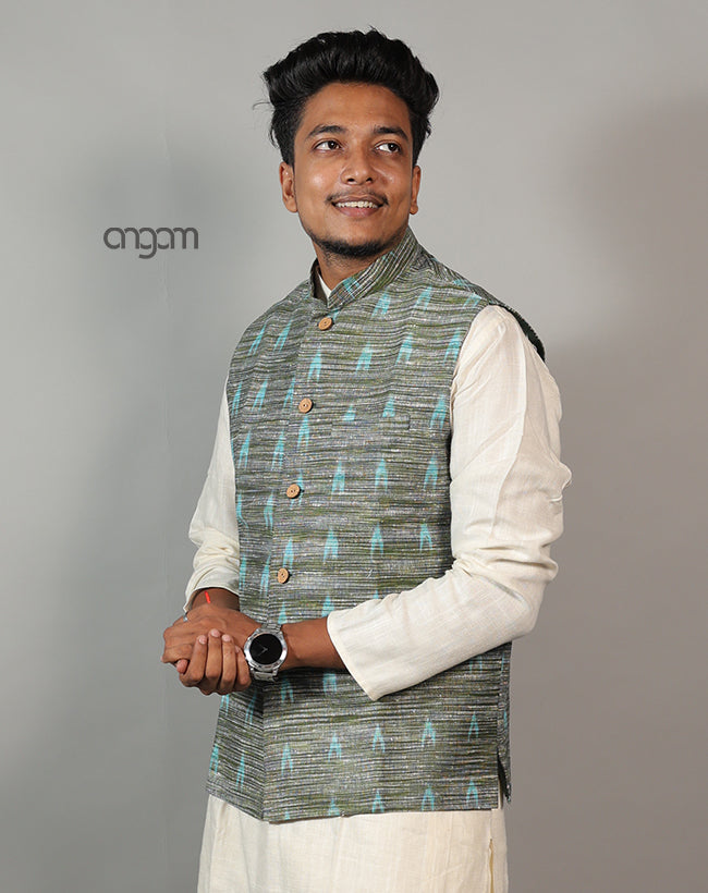Stylish Green Ikat Nehru Jacket for Men – Traditional Wear