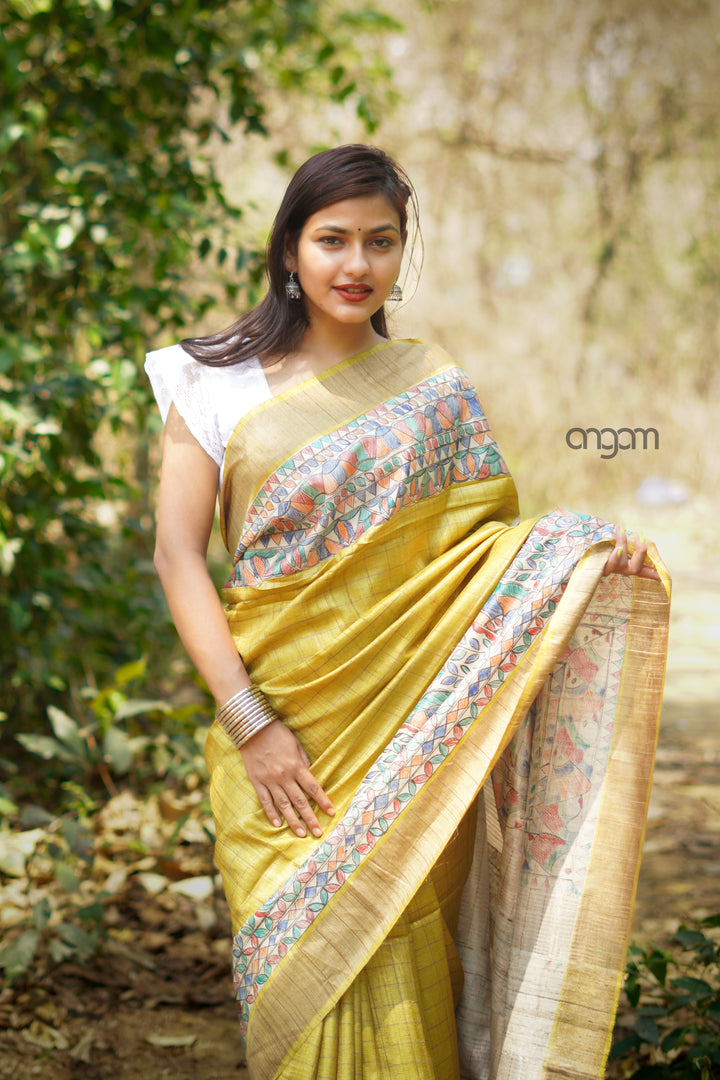 Pure Silk Yellow Madhubani Print Handcrafted Saree