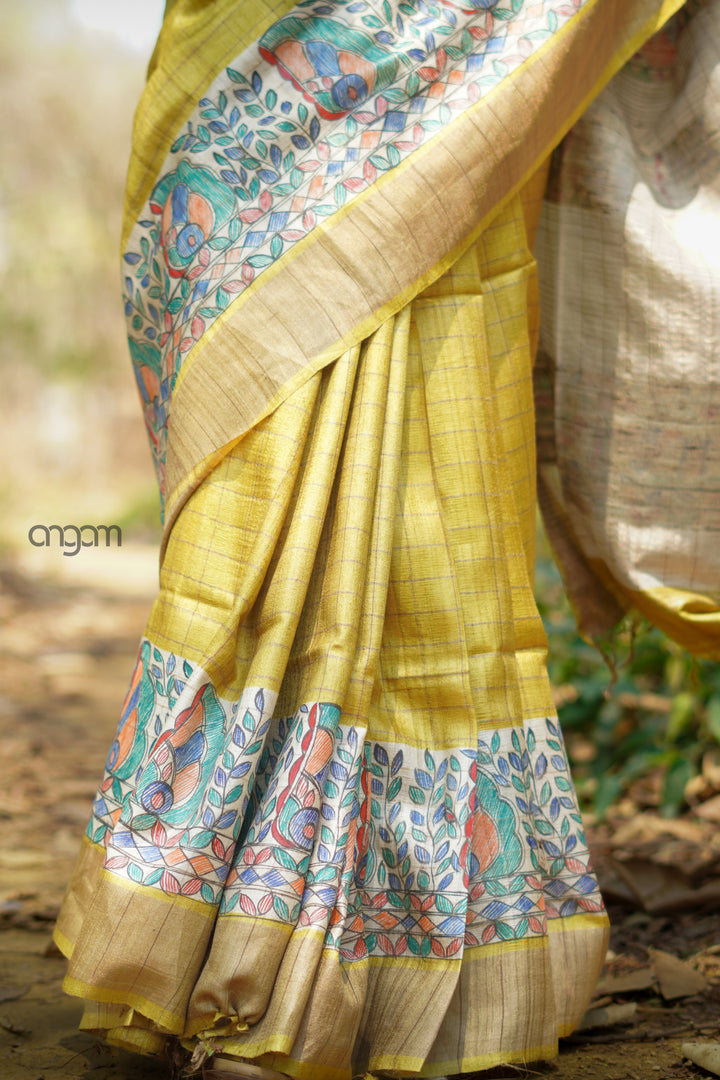 Pure Silk Yellow Madhubani Print Handcrafted Saree