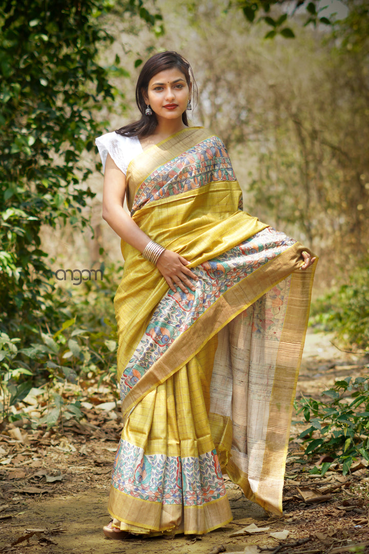 Pure Silk Yellow Madhubani Print Handcrafted Saree
