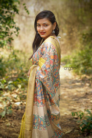 Pure Silk Yellow Madhubani Print Handcrafted Saree