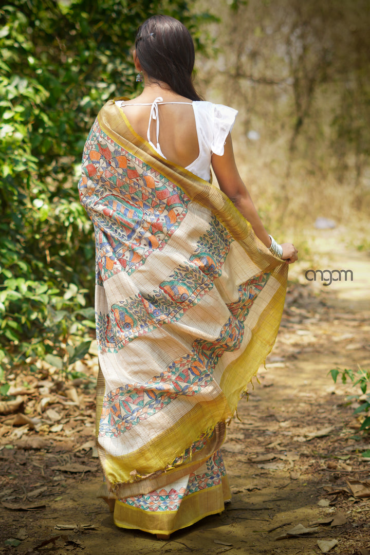 Pure Silk Yellow Madhubani Print Handcrafted Saree