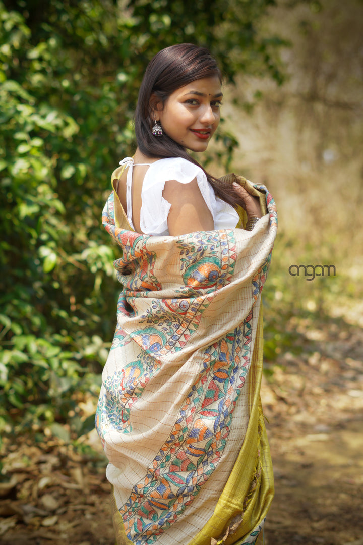 Pure Silk Yellow Madhubani Print Handcrafted Saree