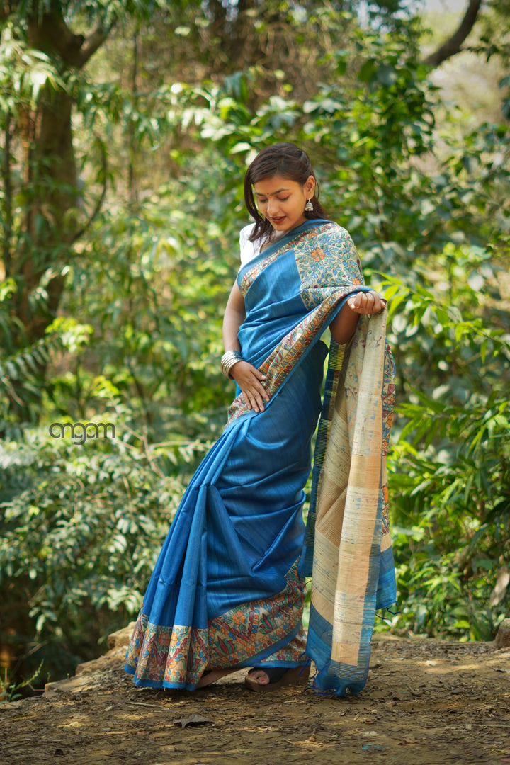 Blue Bhagalpuri Silk Saree With Madhubani Print