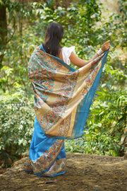 Blue Bhagalpuri Silk Saree With Madhubani Print