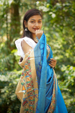 Load image into Gallery viewer, Blue Bhagalpuri Silk Saree With Madhubani Print
