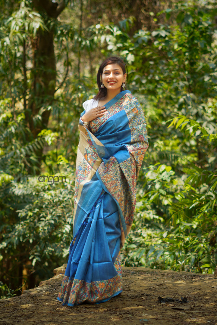Blue Bhagalpuri Silk Saree With Madhubani Print
