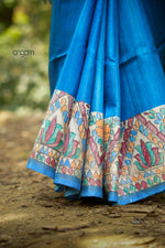 Load image into Gallery viewer, Blue Bhagalpuri Silk Saree With Madhubani Print

