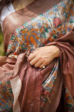 Load image into Gallery viewer, Brown Bhagalpuri Silk Saree With Madhubani Art
