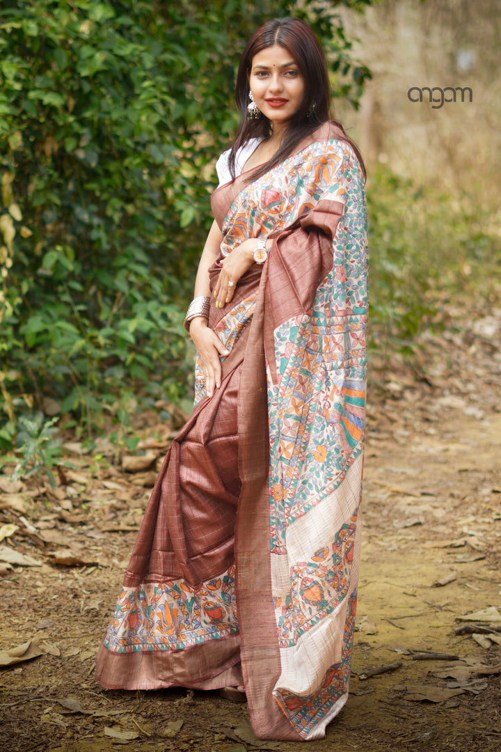 Brown Bhagalpuri Silk Saree With Madhubani Art