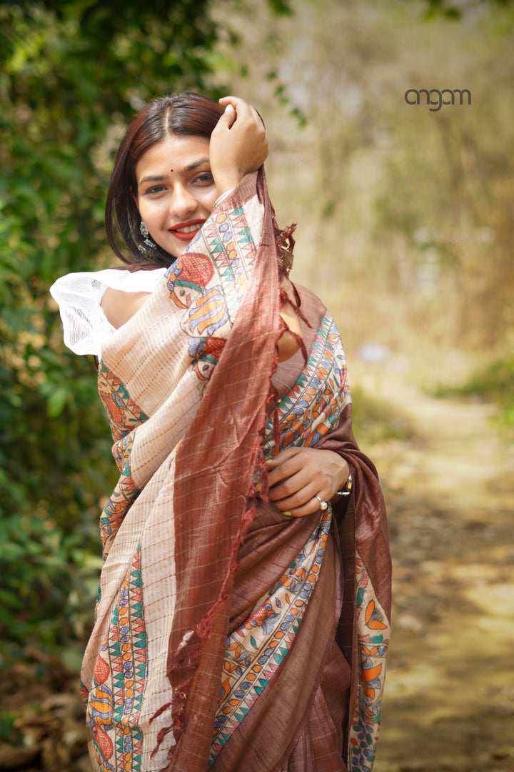 Brown Bhagalpuri Silk Saree With Madhubani Art