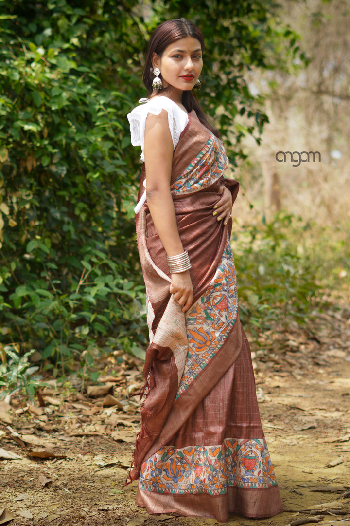 Brown Bhagalpuri Silk Saree With Madhubani Art