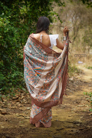 Brown Bhagalpuri Silk Saree With Madhubani Art