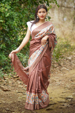 Load image into Gallery viewer, Brown Bhagalpuri Silk Saree With Madhubani Art
