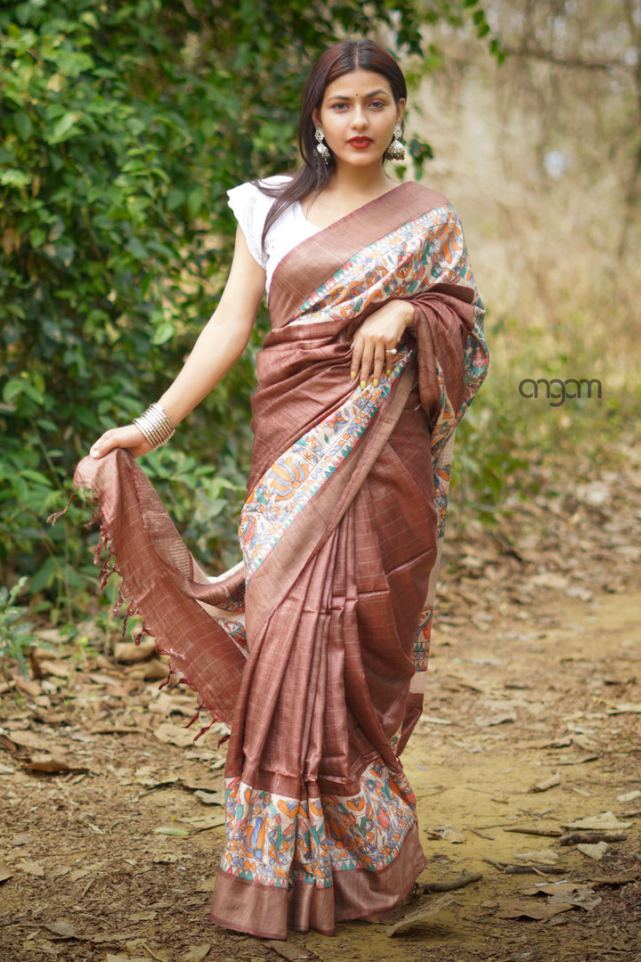 Brown Bhagalpuri Silk Saree With Madhubani Art