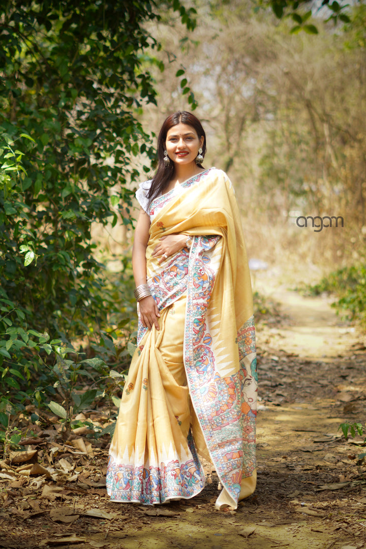 Yellow Silk Saree With Madhubani Print Elegance