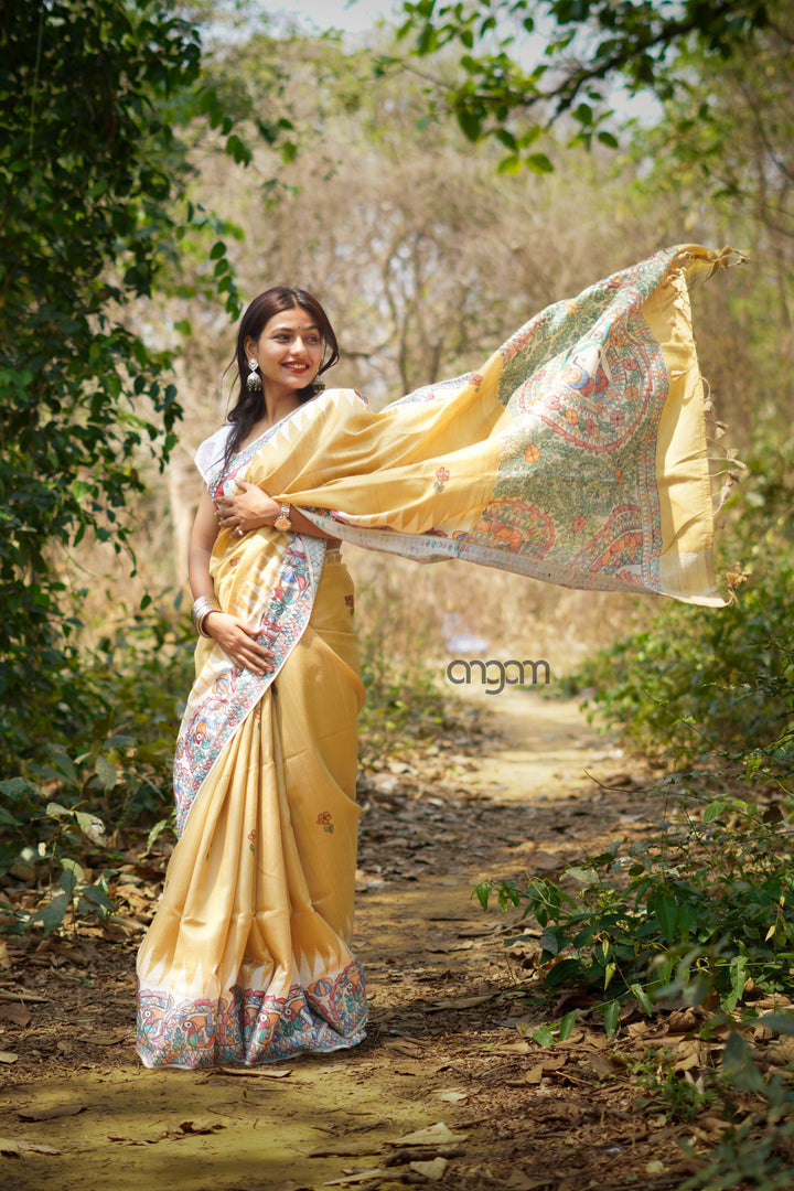Yellow Silk Saree With Madhubani Print Elegance