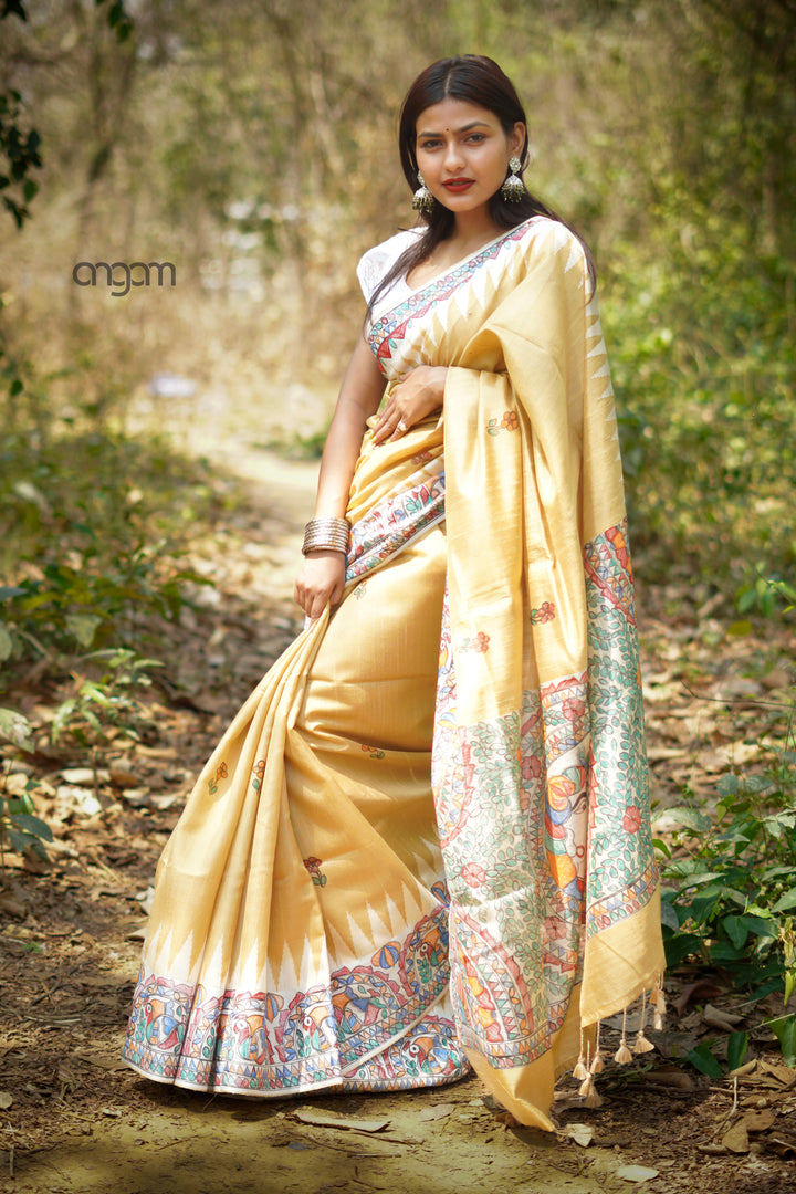 Yellow Silk Saree With Madhubani Print Elegance