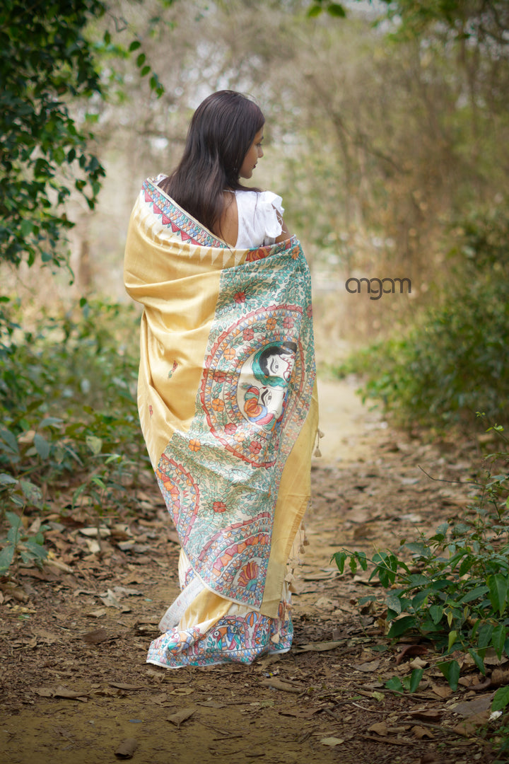 Yellow Silk Saree With Madhubani Print Elegance
