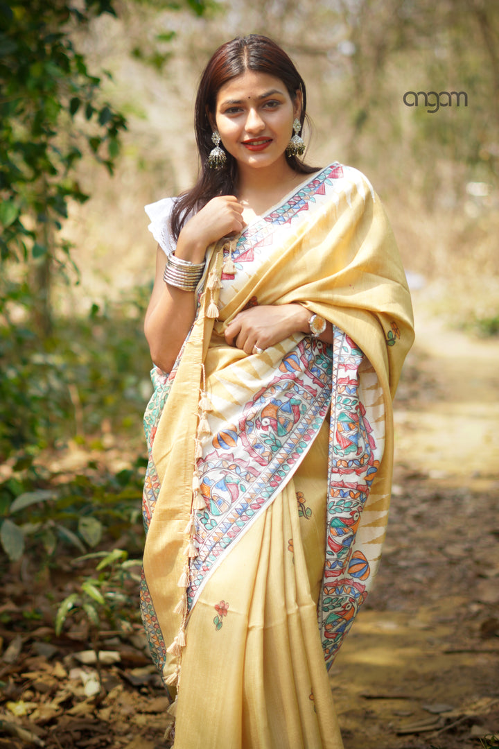Yellow Silk Saree With Madhubani Print Elegance
