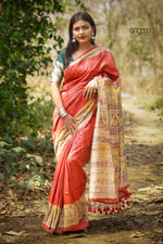 Load image into Gallery viewer, Red Silk Saree With Madhubani Screen Print Charm
