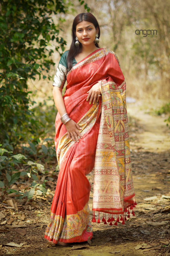 Red Silk Saree With Madhubani Screen Print Charm
