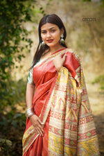 Load image into Gallery viewer, Red Silk Saree With Madhubani Screen Print Charm
