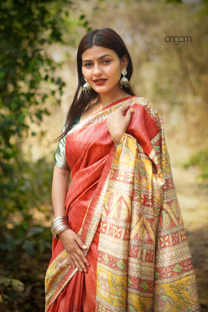 Red Silk Saree With Madhubani Screen Print Charm