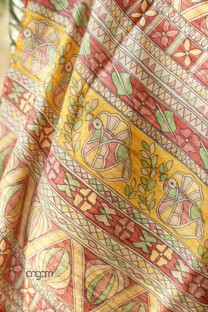 Red Silk Saree With Madhubani Screen Print Charm