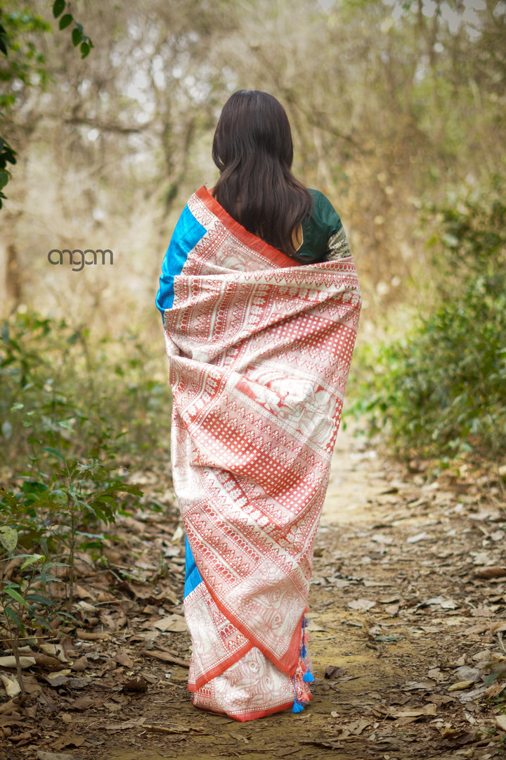 Blue Silk Saree With Elegant Madhubani Screen Print