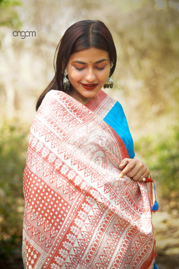 Blue Silk Saree With Elegant Madhubani Screen Print