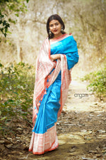 Load image into Gallery viewer, Blue Silk Saree With Elegant Madhubani Screen Print
