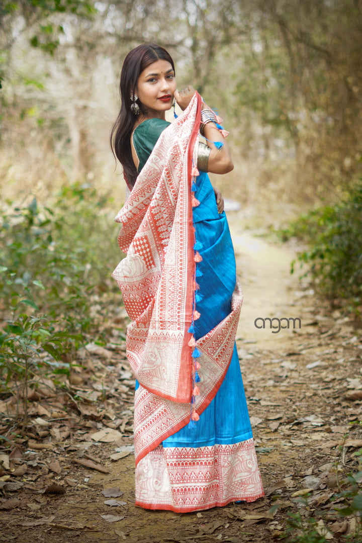 Blue Silk Saree With Elegant Madhubani Screen Print
