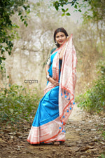 Load image into Gallery viewer, Blue Silk Saree With Elegant Madhubani Screen Print
