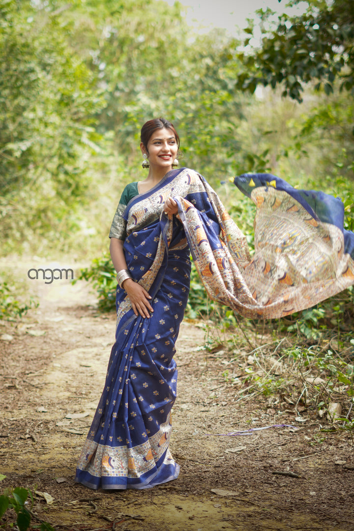 Navy Munga Silk Saree With Madhubani Prints