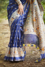 Load image into Gallery viewer, Navy Munga Silk Saree With Madhubani Prints
