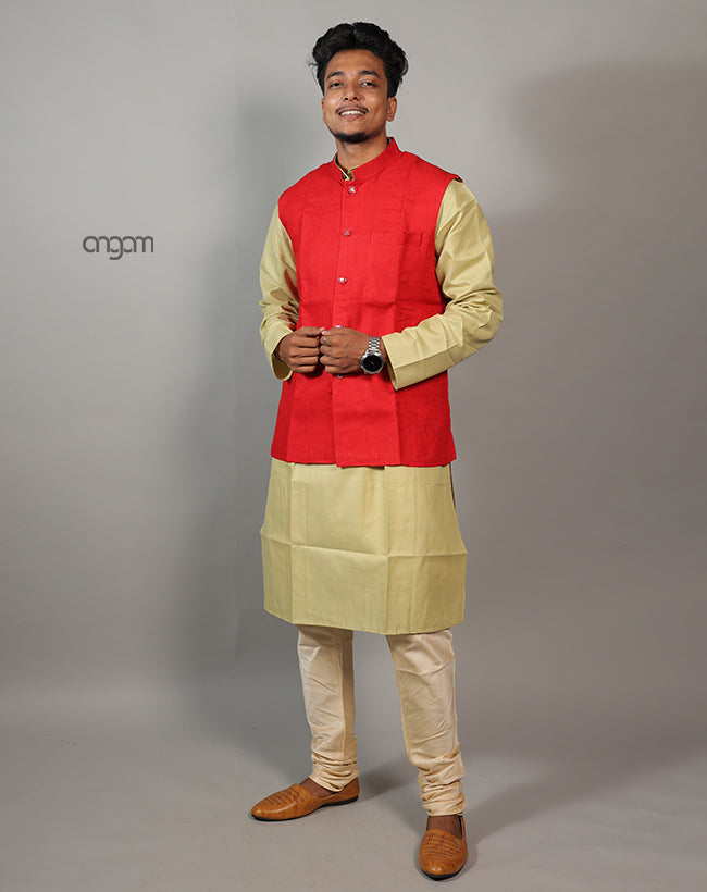 Elegant Red Cotton Nehru Jacket for Men – Ethnic Wear