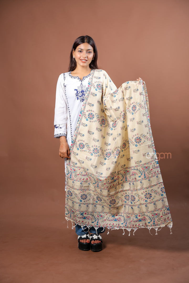 Beige Handloom Printed Dupatta with Traditional Floral Motifs