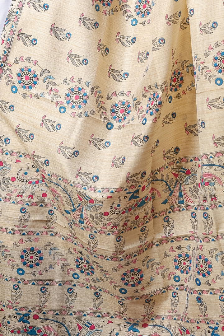 Beige Handloom Printed Dupatta with Traditional Floral Motifs