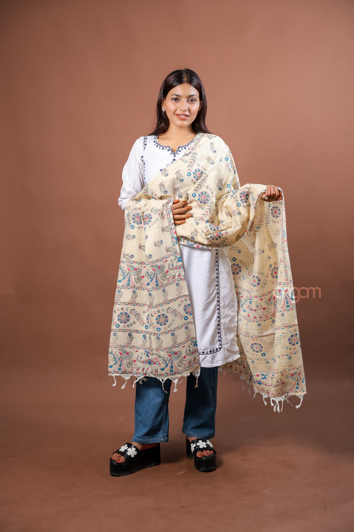 Beige Handloom Printed Dupatta with Traditional Floral Motifs