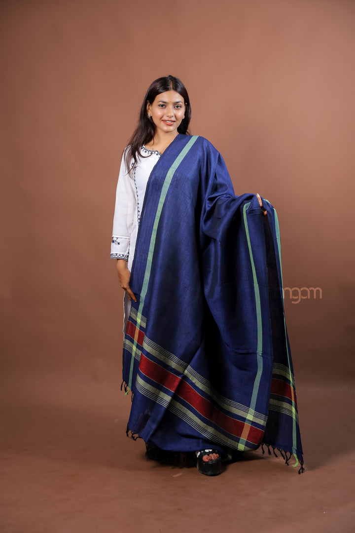 Indigo Kolika Cotton Linen Dupatta with Woven Border