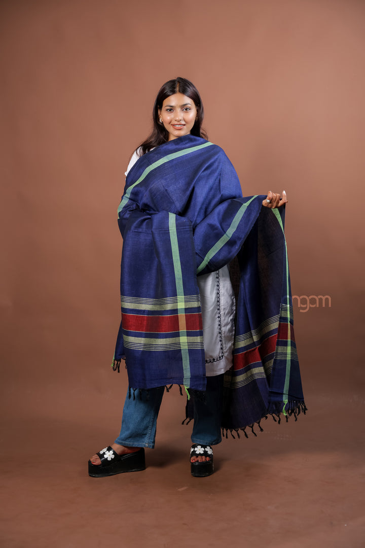 Indigo Kolika Cotton Linen Dupatta with Woven Border