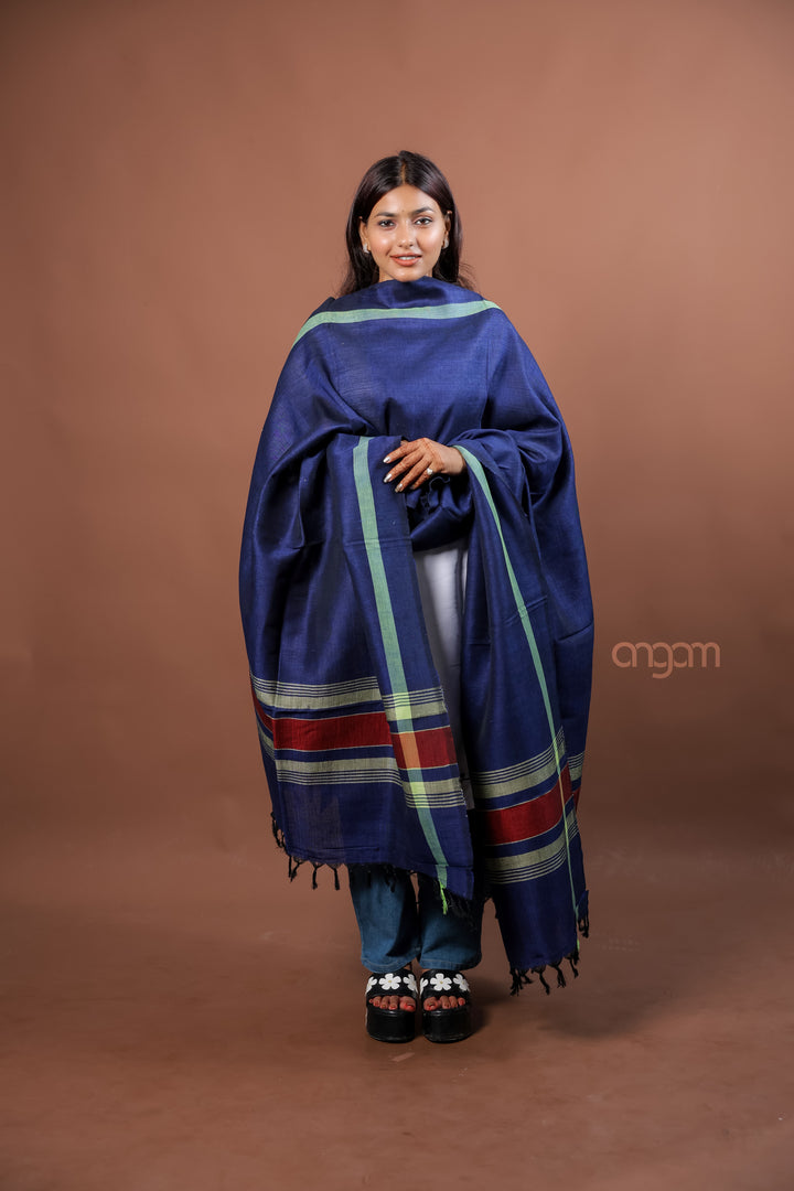 Indigo Kolika Cotton Linen Dupatta with Woven Border
